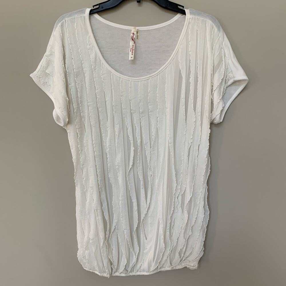 Andrea stretchy semi sheer t-shirt blouse short sleeves ruffle front size M